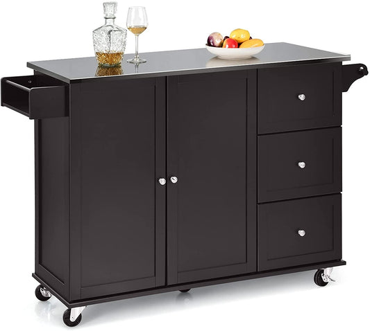 Kitchen Island 2-Door Storage Cabinet with Drawers and Stainless Steel Top, Dark Brown - Gallery Canada