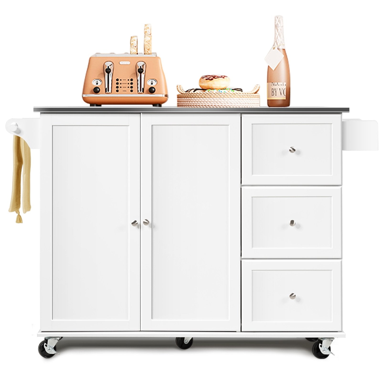 Kitchen Island 2-Door Storage Cabinet with Drawers and Stainless Steel Top, White Sideboards Cabinets & Buffets   at Gallery Canada