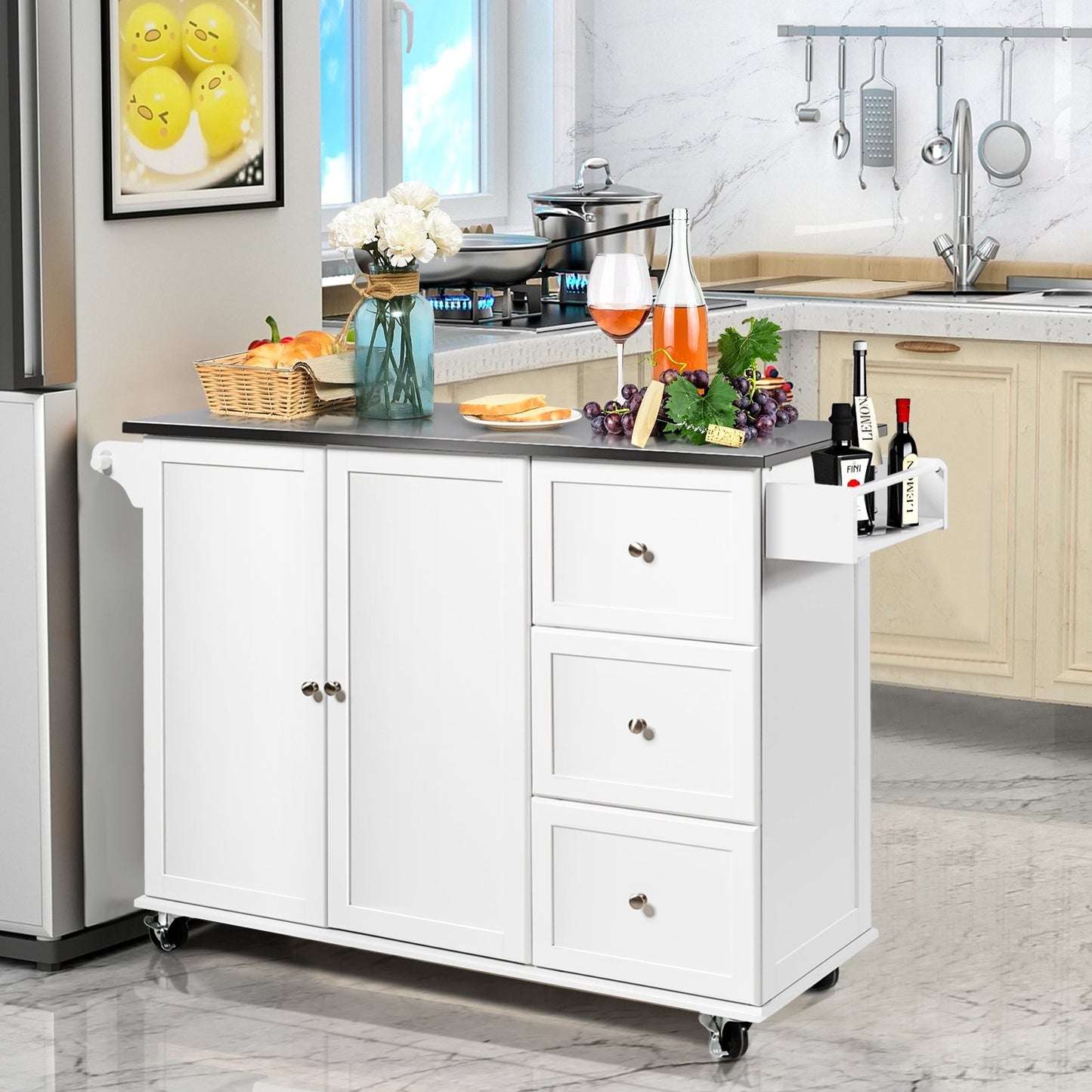 Kitchen Island 2-Door Storage Cabinet with Drawers and Stainless Steel Top, White Sideboards Cabinets & Buffets   at Gallery Canada