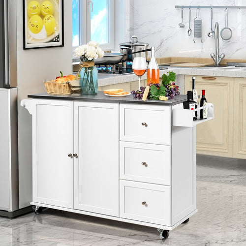 Kitchen Island 2-Door Storage Cabinet with Drawers and Stainless Steel Top, White