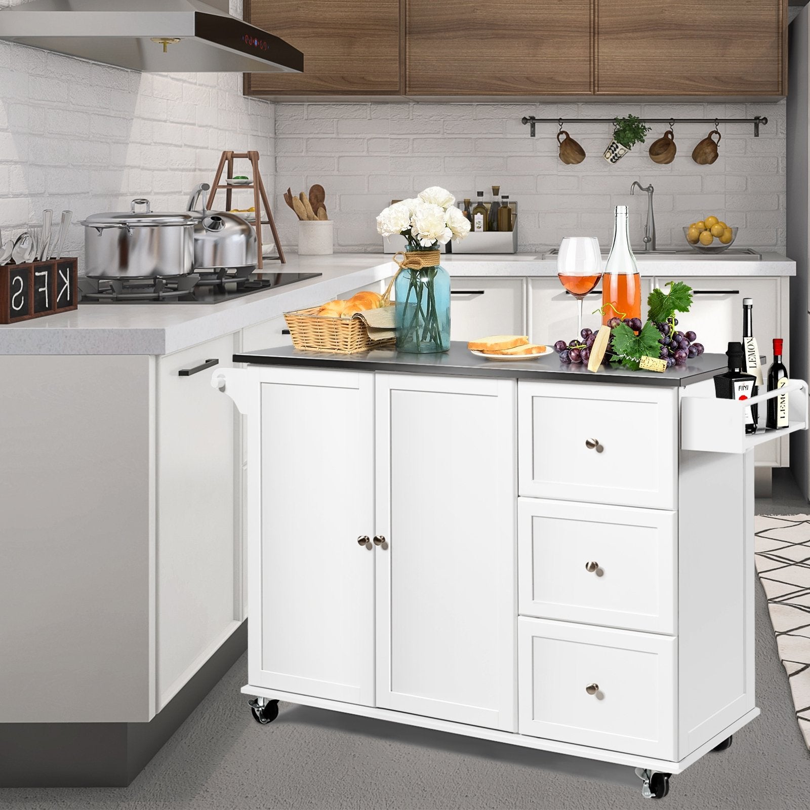 Kitchen Island 2-Door Storage Cabinet with Drawers and Stainless Steel Top, White Sideboards Cabinets & Buffets   at Gallery Canada