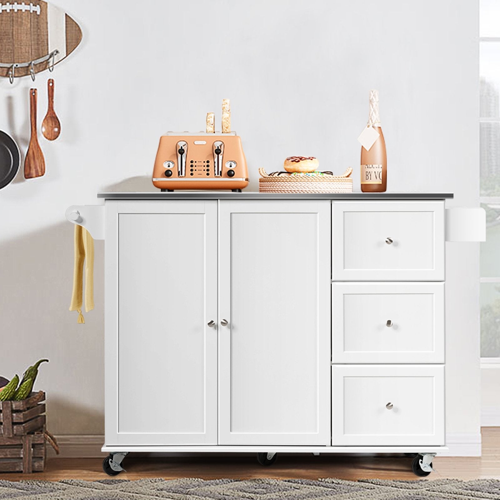 Kitchen Island 2-Door Storage Cabinet with Drawers and Stainless Steel Top, White Sideboards Cabinets & Buffets   at Gallery Canada