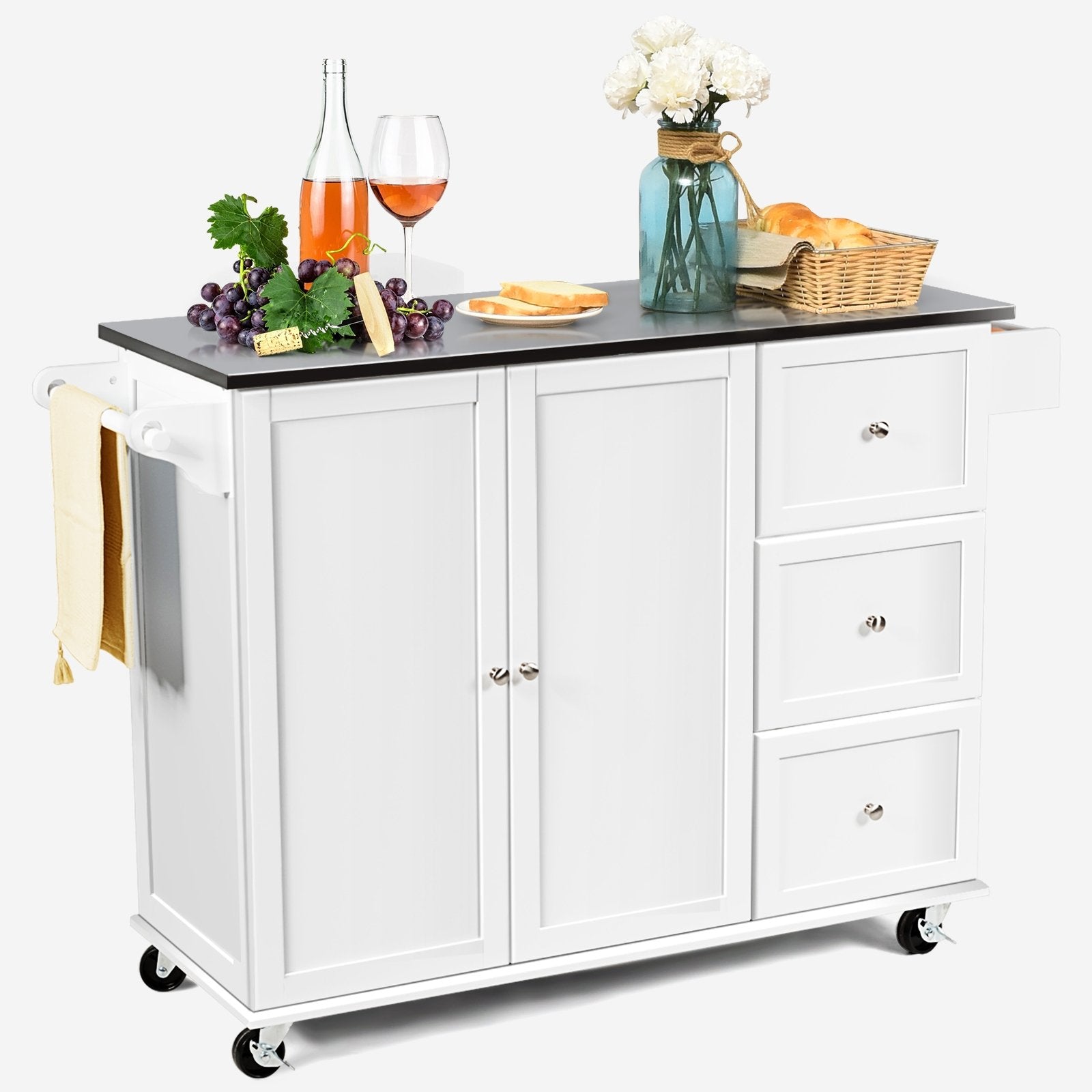 Kitchen Island 2-Door Storage Cabinet with Drawers and Stainless Steel Top, White Sideboards Cabinets & Buffets   at Gallery Canada