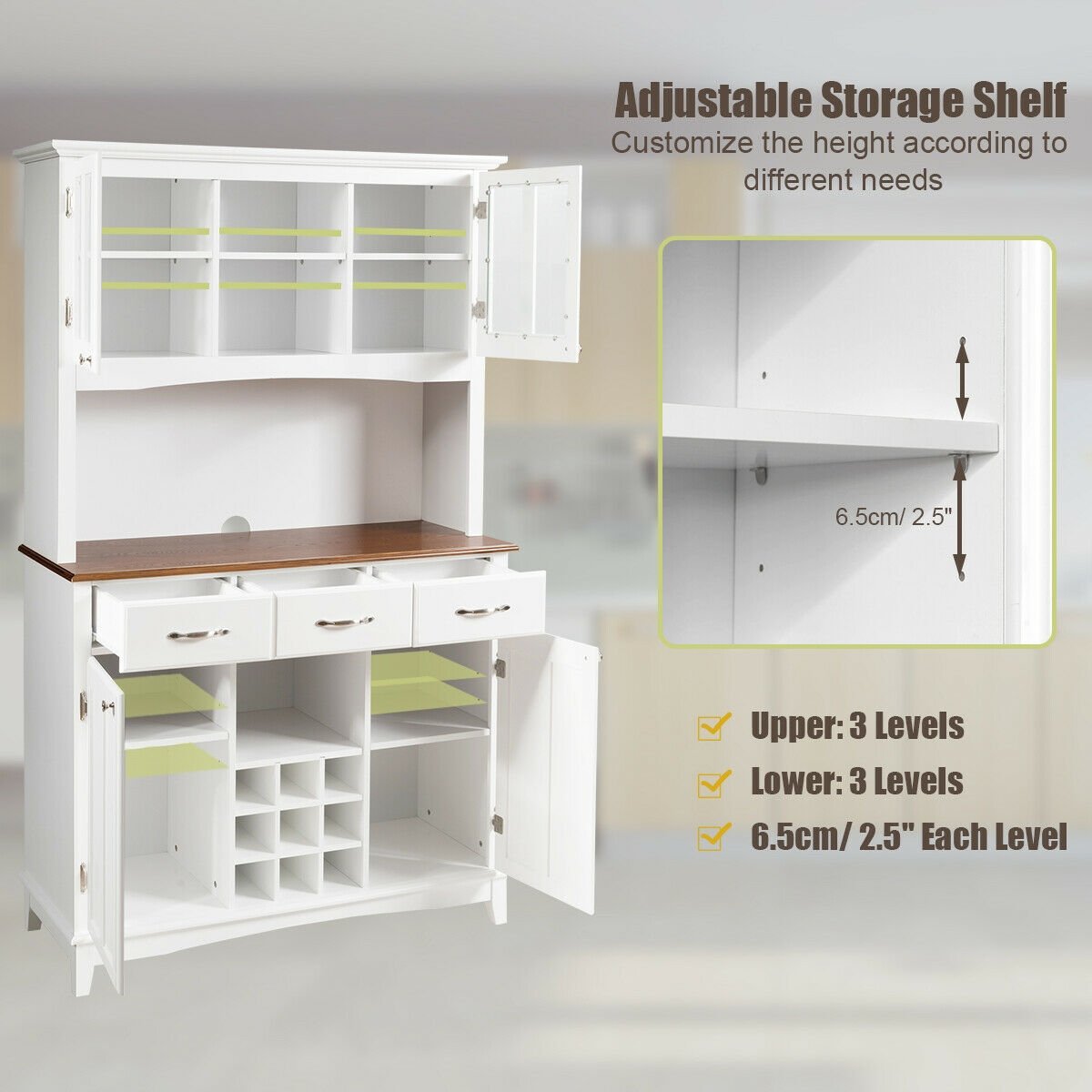 Wood Buffet Hutch Cabinet with 3 Large Drawers, White Sideboards Cabinets & Buffets   at Gallery Canada