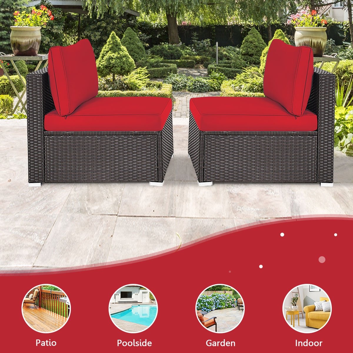 2 Pieces Patio Rattan Armless Sofa Set with 2 Cushions and 2 Pillows, Red Outdoor Sectionals   at Gallery Canada