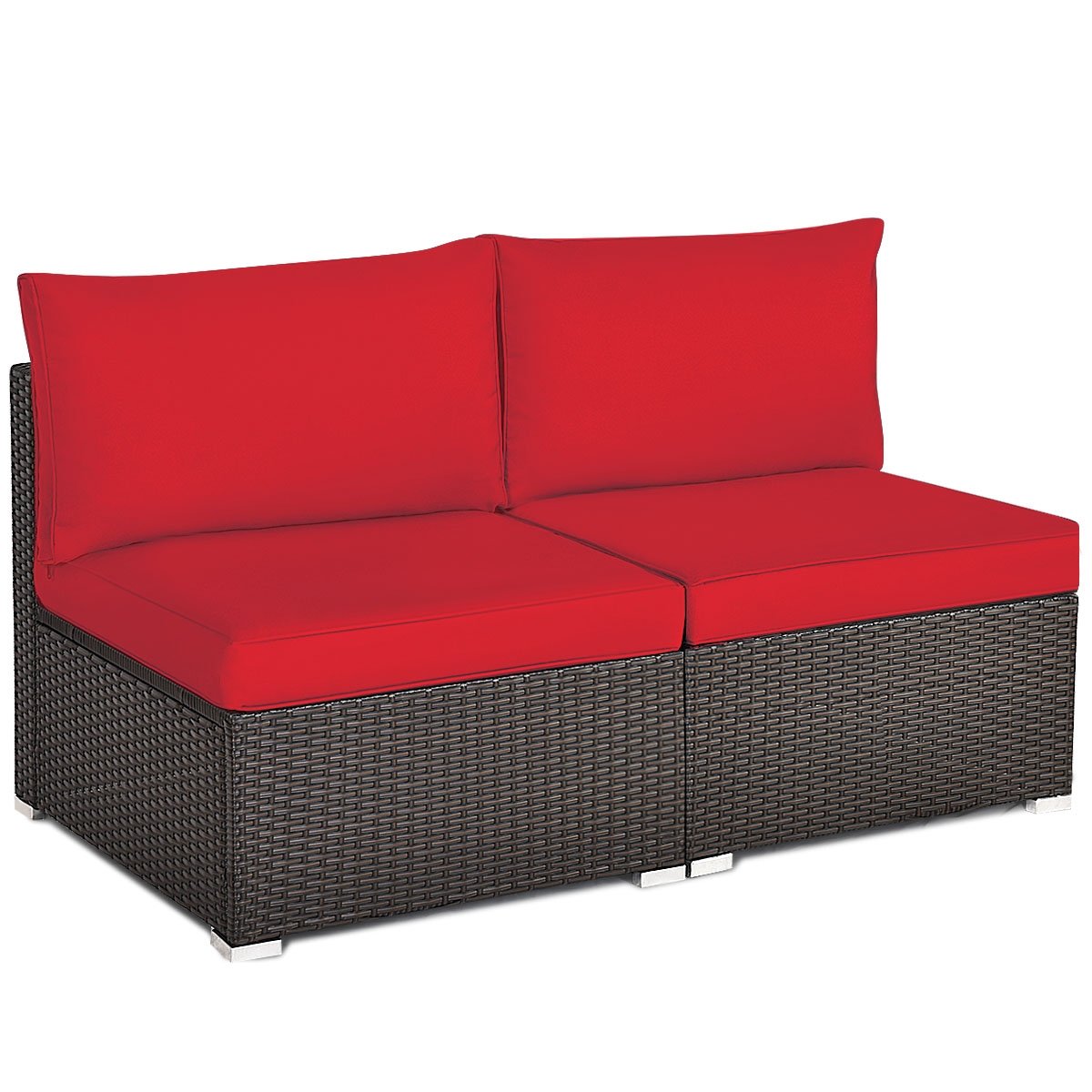 2 Pieces Patio Rattan Armless Sofa Set with 2 Cushions and 2 Pillows, Red Outdoor Sectionals   at Gallery Canada