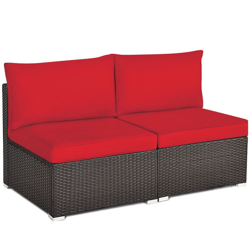 2 Pieces Patio Rattan Armless Sofa Set with 2 Cushions and 2 Pillows, Red