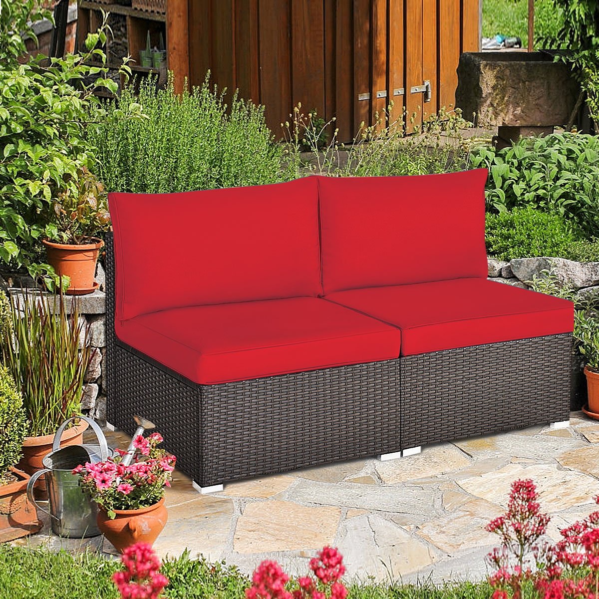 2 Pieces Patio Rattan Armless Sofa Set with 2 Cushions and 2 Pillows, Red Outdoor Sectionals   at Gallery Canada