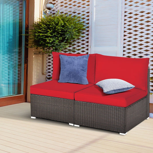 2 Pieces Patio Rattan Armless Sofa Set with 2 Cushions and 2 Pillows, Red Outdoor Sectionals   at Gallery Canada