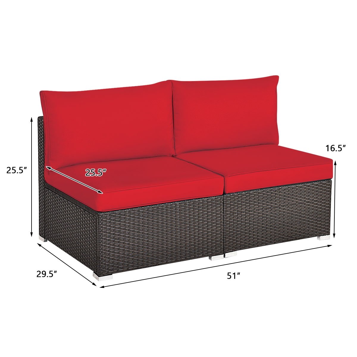 2 Pieces Patio Rattan Armless Sofa Set with 2 Cushions and 2 Pillows, Red Outdoor Sectionals   at Gallery Canada