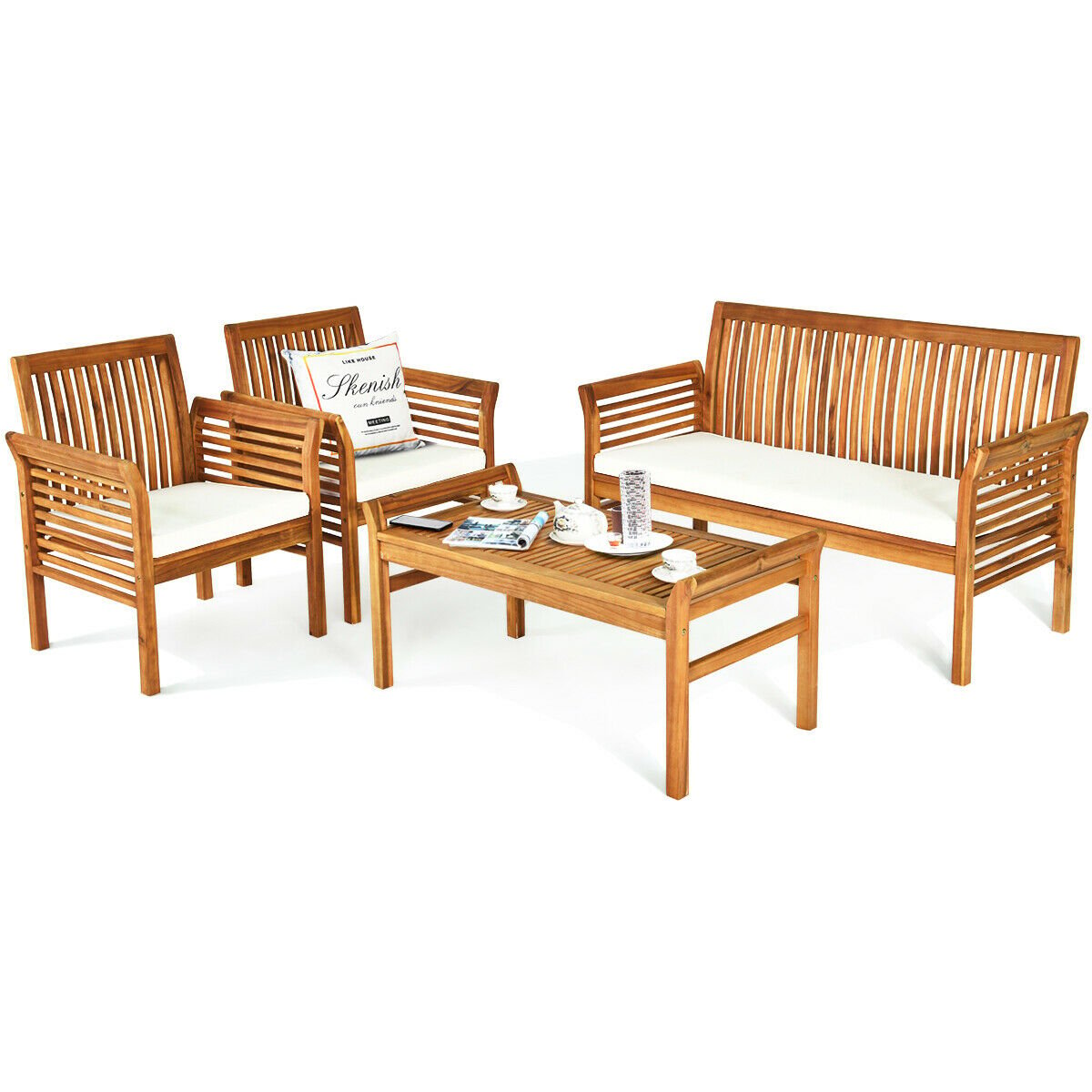 4 Pieces Outdoor Acacia Wood Sofa Furniture Set Patio Conversation Sets   at Gallery Canada