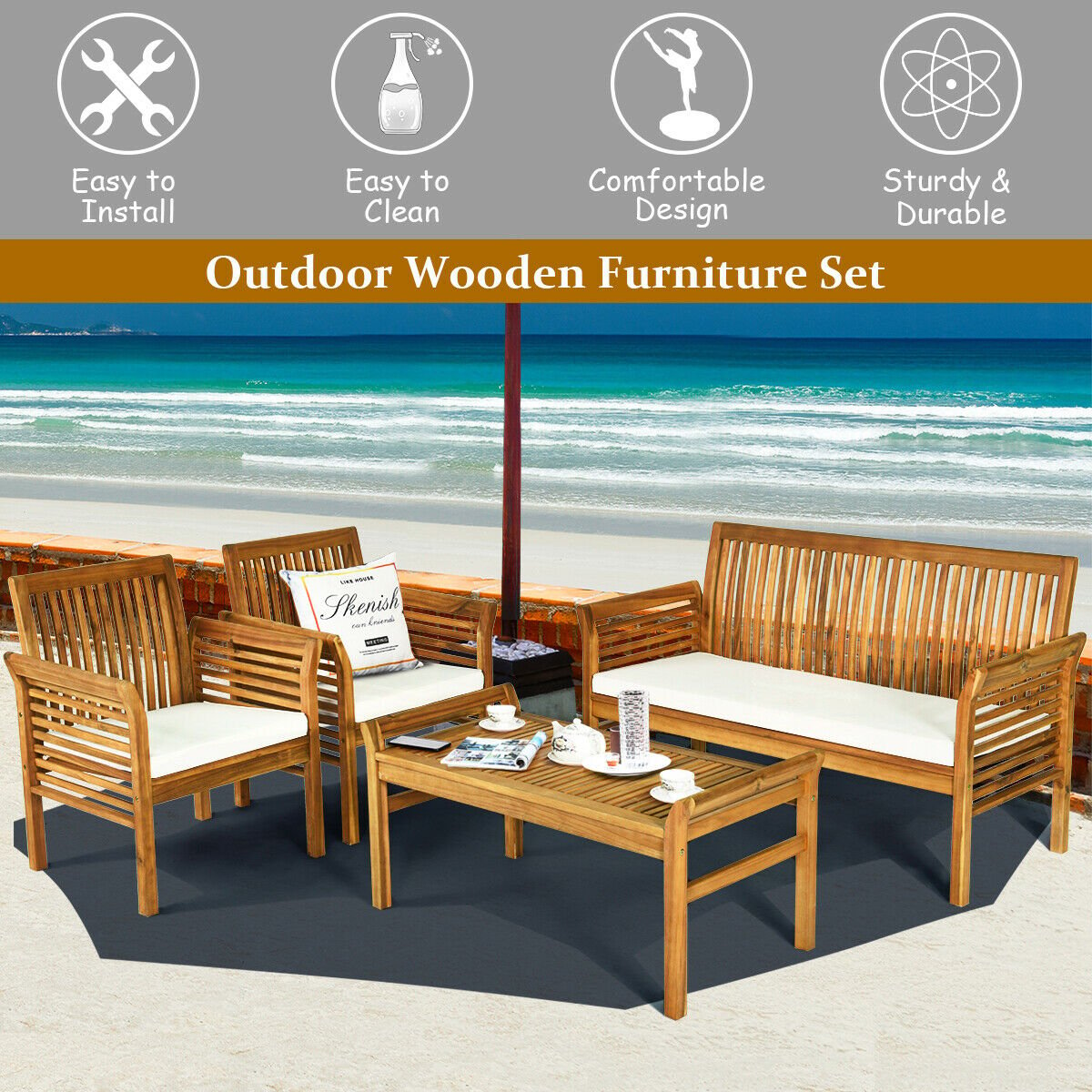 4 Pieces Outdoor Acacia Wood Sofa Furniture Set Patio Conversation Sets   at Gallery Canada