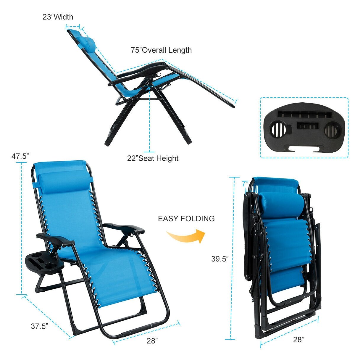 Oversize Lounge Chair with Cup Holder of Heavy Duty for outdoor, Blue - Gallery Canada