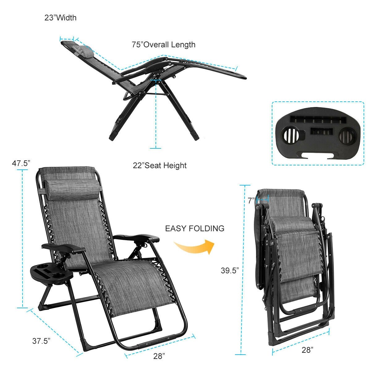 Oversize Lounge Chair with Cup Holder of Heavy Duty for outdoor, Gray Beach & Lawn Chairs   at Gallery Canada