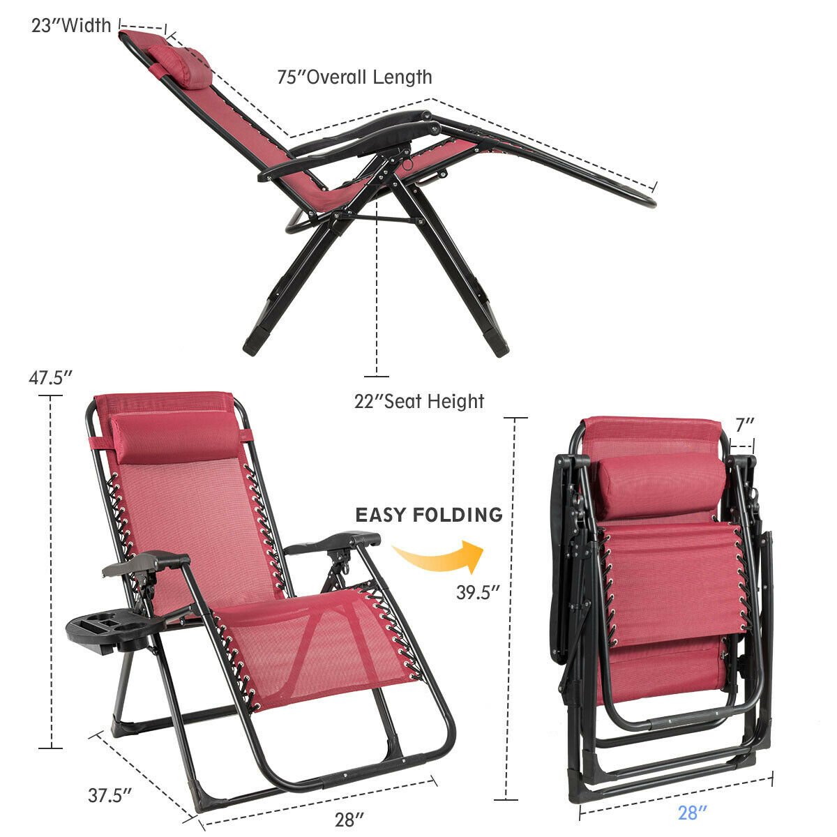 Oversize Lounge Chair Patio Heavy Duty Folding Recliner, Dark Red - Gallery Canada