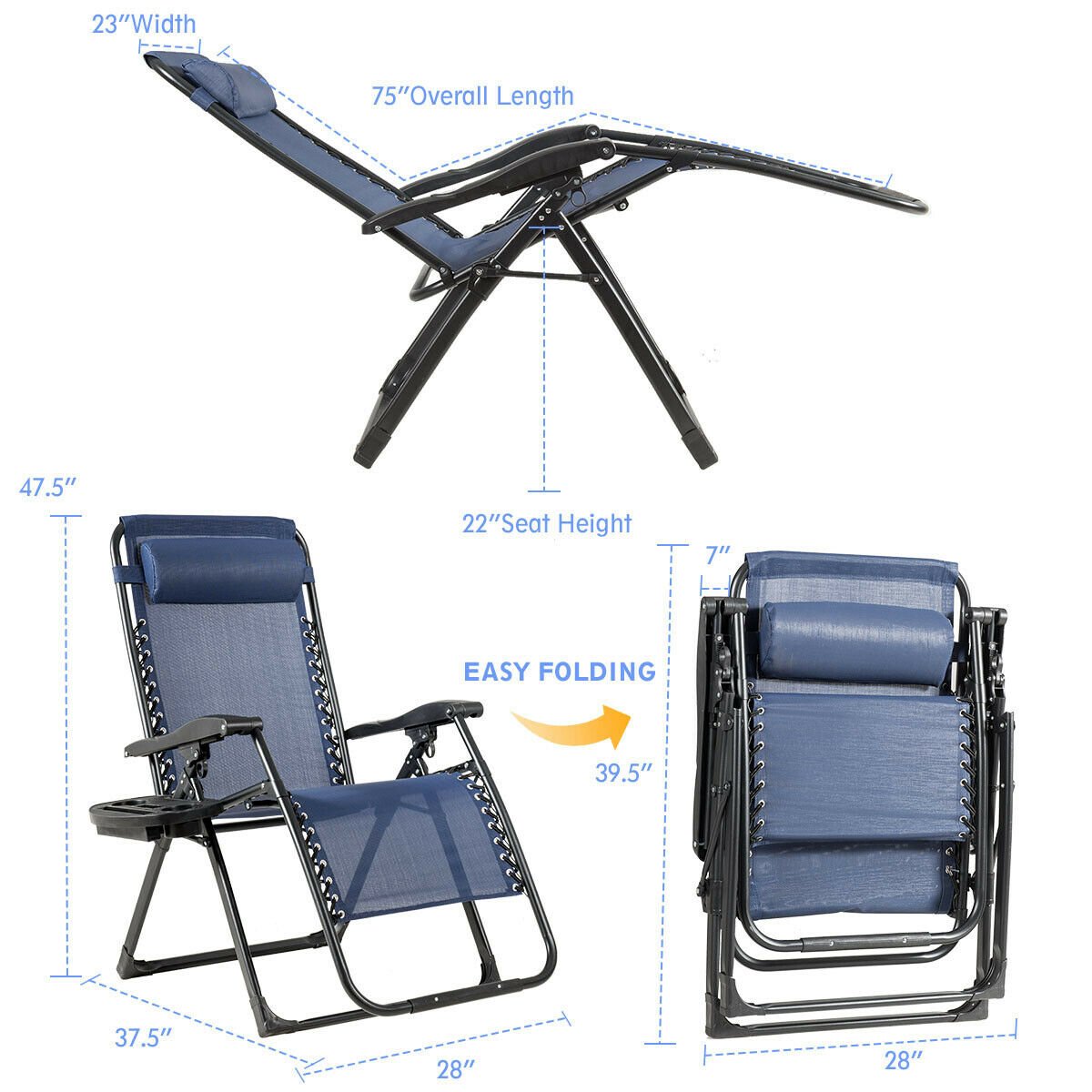 Oversize Lounge Chair with Cup Holder of Heavy Duty for outdoor, Navy Beach & Lawn Chairs   at Gallery Canada