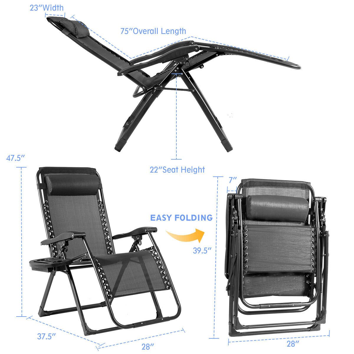 Oversize Lounge Chair with Cup Holder of Heavy Duty for outdoor, Black Beach & Lawn Chairs   at Gallery Canada