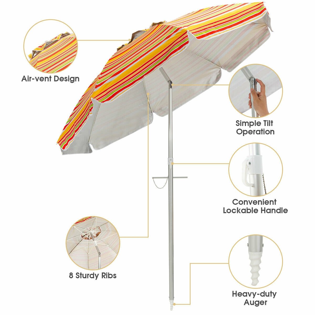 6.5 Feet Beach Umbrella with Sun Shade and Carry Bag without Weight Base, Orange Outdoor Umbrellas   at Gallery Canada