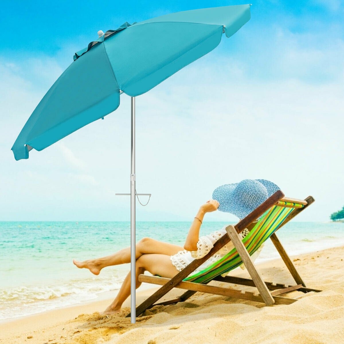 6.5 Feet Beach Umbrella with Sun Shade and Carry Bag without Weight Base, Blue Outdoor Umbrellas   at Gallery Canada