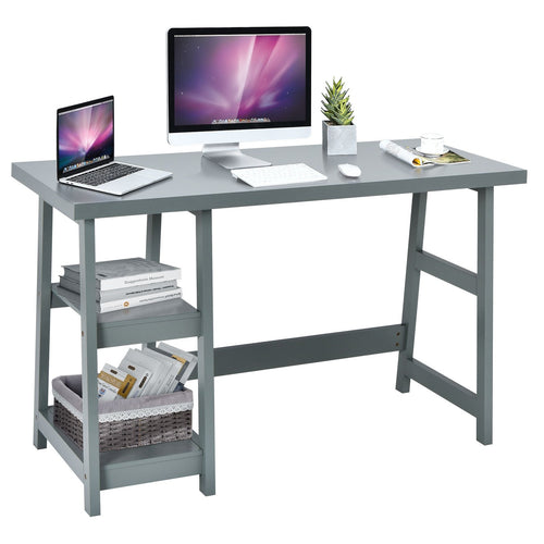 Trestle Computer Desk Home Office Workstation with Removable Shelves, Gray