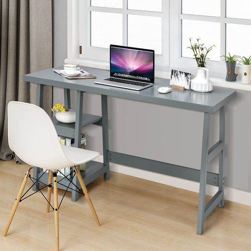 Trestle Computer Desk Home Office Workstation with Removable Shelves, Gray