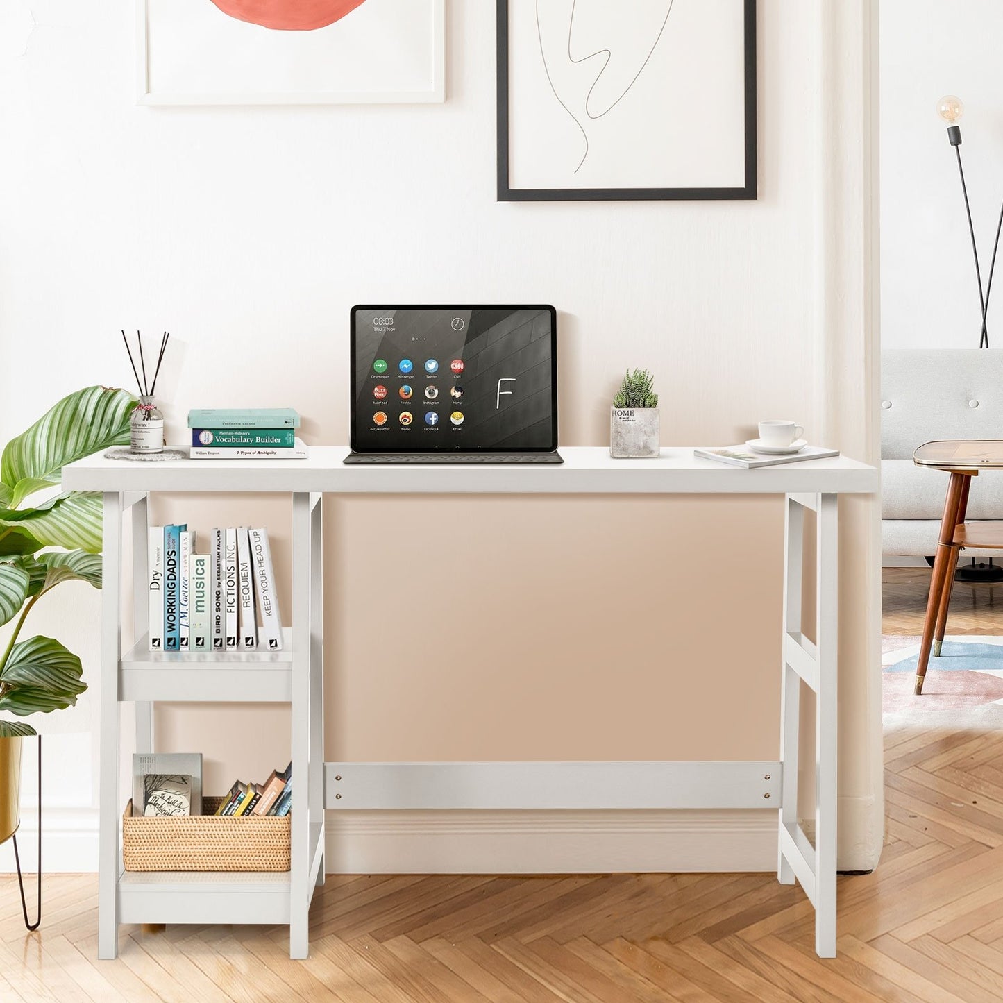 Trestle Computer Desk Home Office Workstation with Removable Shelves, White - Gallery Canada