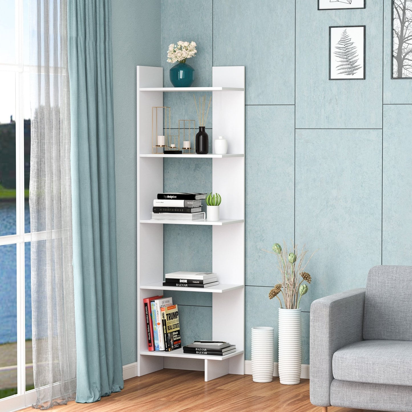 5-Tier Freestanding Decorative Storage Display Bookshelf, White Bookcases   at Gallery Canada