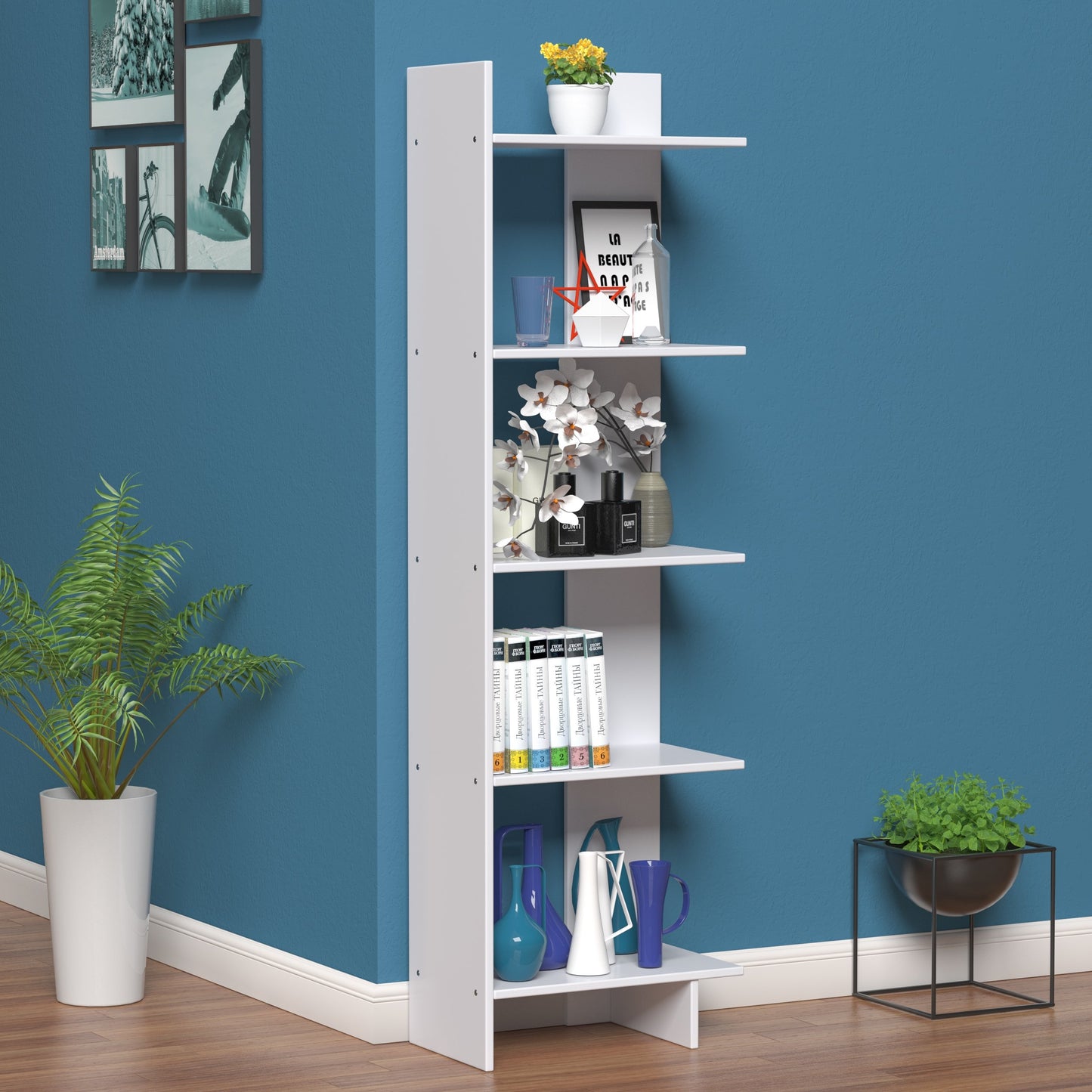 5-Tier Freestanding Decorative Storage Display Bookshelf, White Bookcases   at Gallery Canada