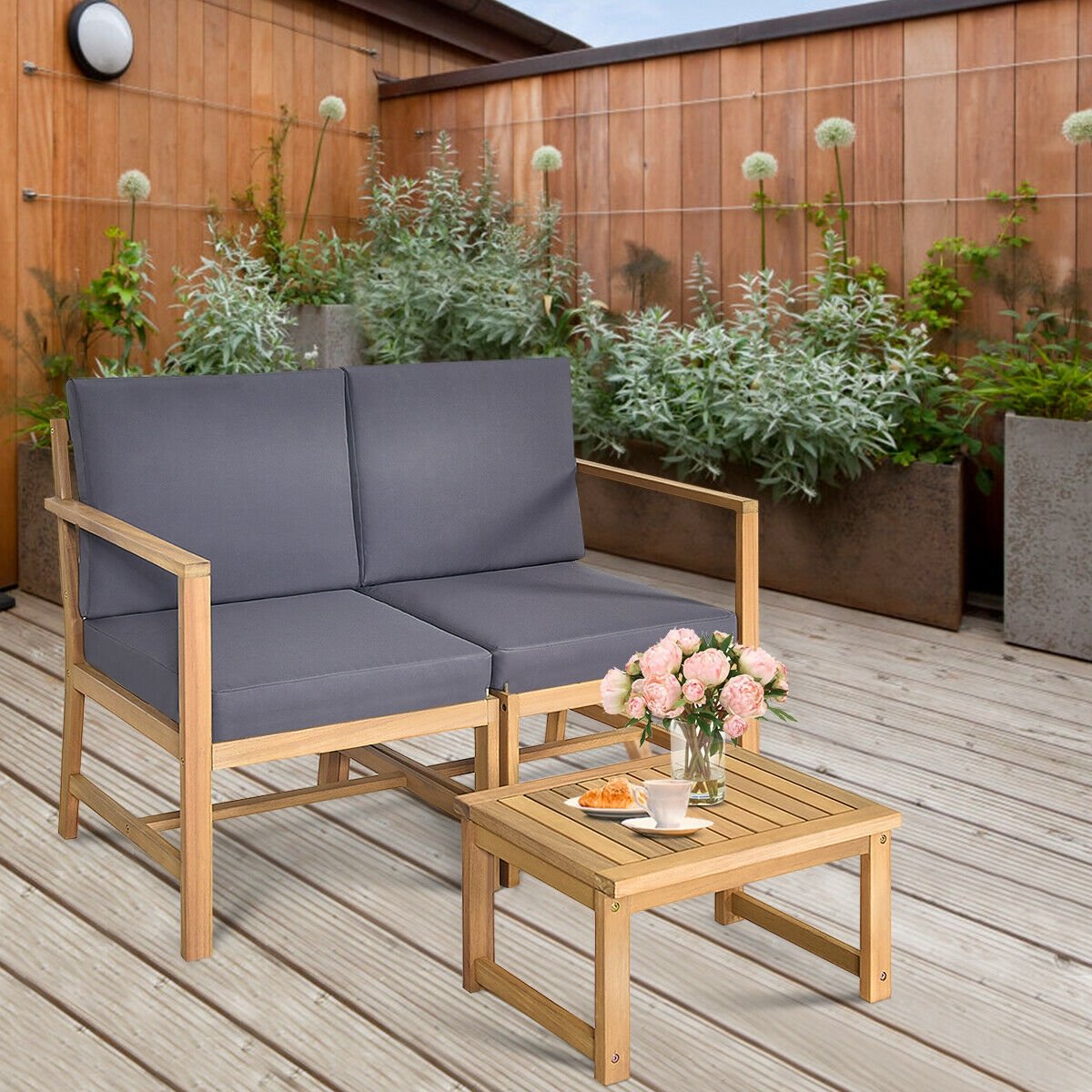 3-in-1 Acacia Wood Loveseat with Separable Coffee Table, Natural Patio Conversation Sets   at Gallery Canada