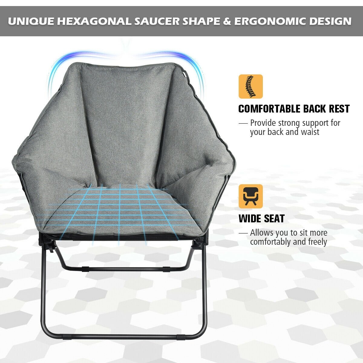 Oversized Foldable Leisure Camping Chair with Sturdy Iron Frame, Gray - Gallery Canada