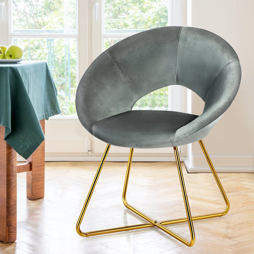 Modern Accent Velvet Dining Arm Chair with Golden Metal Legs and Soft Cushion, Gray
