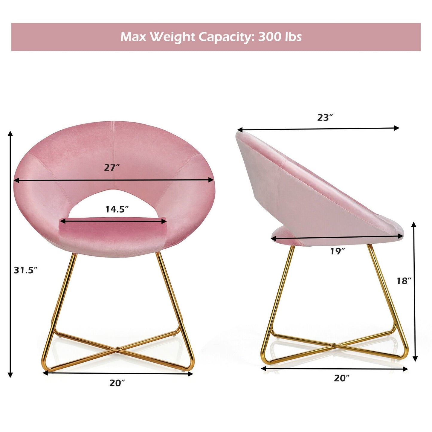 Modern Accent Velvet Dining Arm Chair with Golden Metal Legs and Soft Cushion, Pink - Gallery Canada