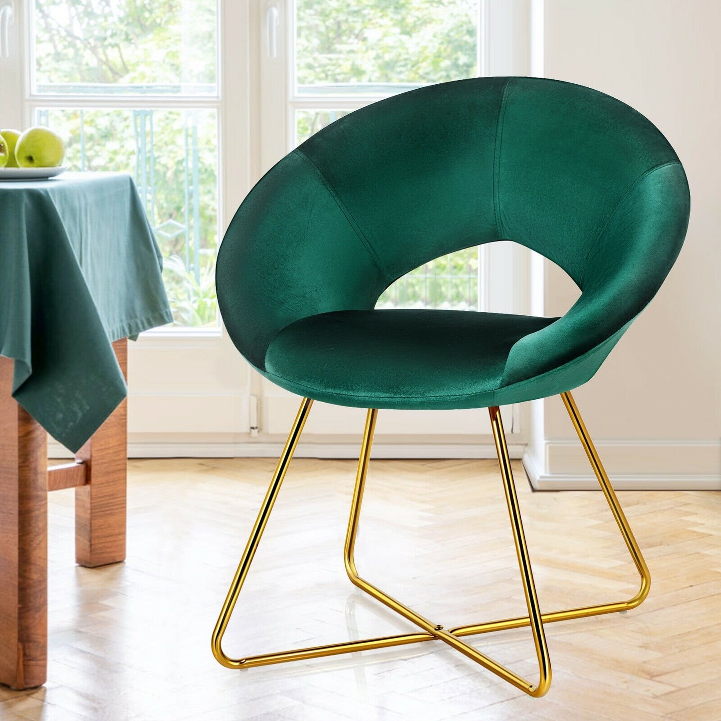 Modern Accent Velvet Dining Arm Chair with Golden Metal Legs and Soft Cushion, Dark Green Accent Chairs   at Gallery Canada