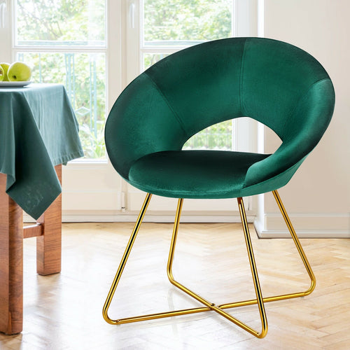 Modern Accent Velvet Dining Arm Chair with Golden Metal Legs and Soft Cushion, Dark Green