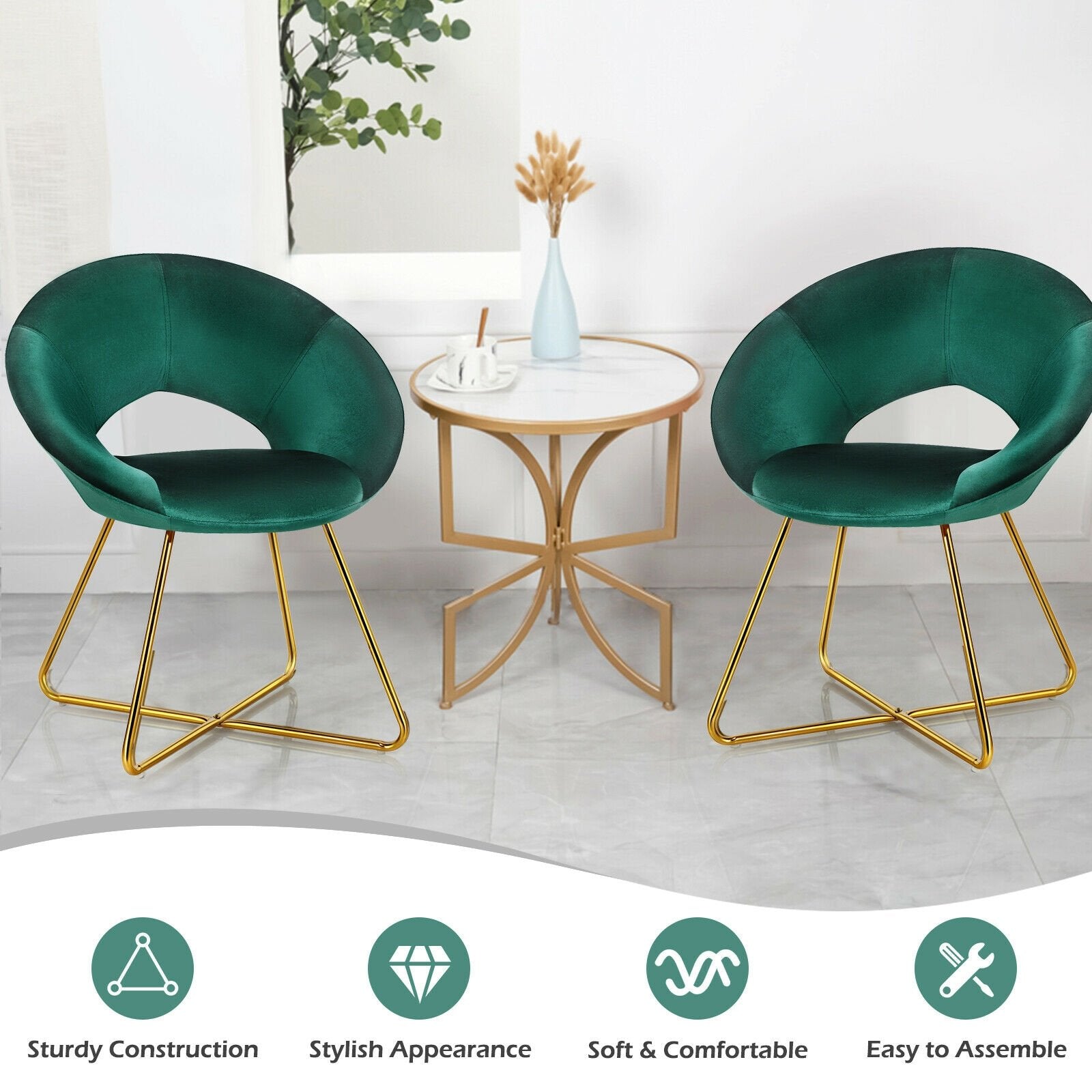 Modern Accent Velvet Dining Arm Chair with Golden Metal Legs and Soft Cushion, Dark Green Accent Chairs   at Gallery Canada