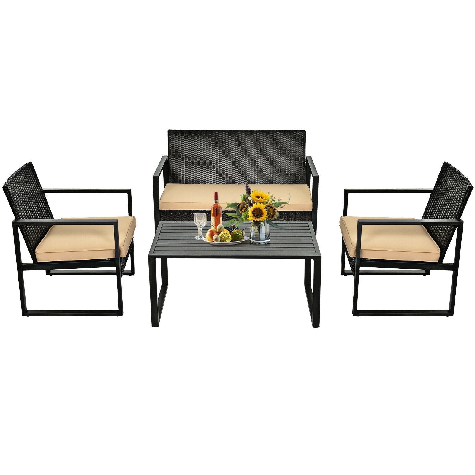 4 Pieces Patio Rattan Furniture Set Cushioned Sofa Coffee Table Garden Deck, Brown - Gallery Canada