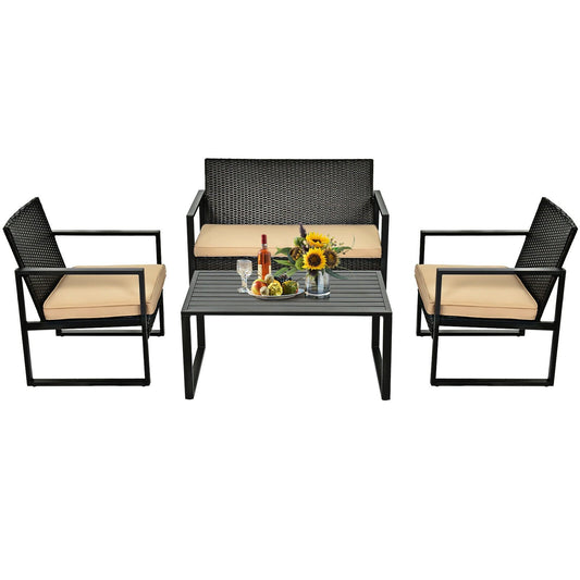 4 Pieces Patio Rattan Furniture Set Cushioned Sofa Coffee Table Garden Deck, Brown - Gallery Canada