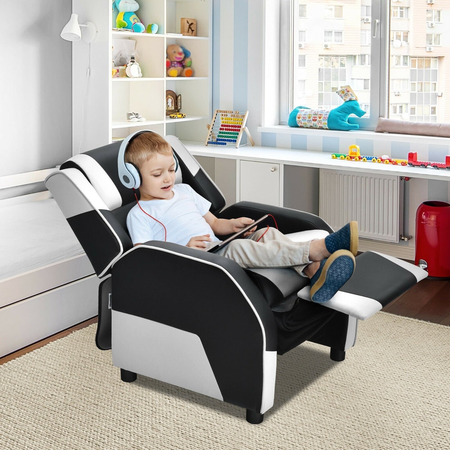 Kids Youth PU Leather Gaming Sofa Recliner with Headrest and Footrest, White Kids Chairs & Seating   at Gallery Canada