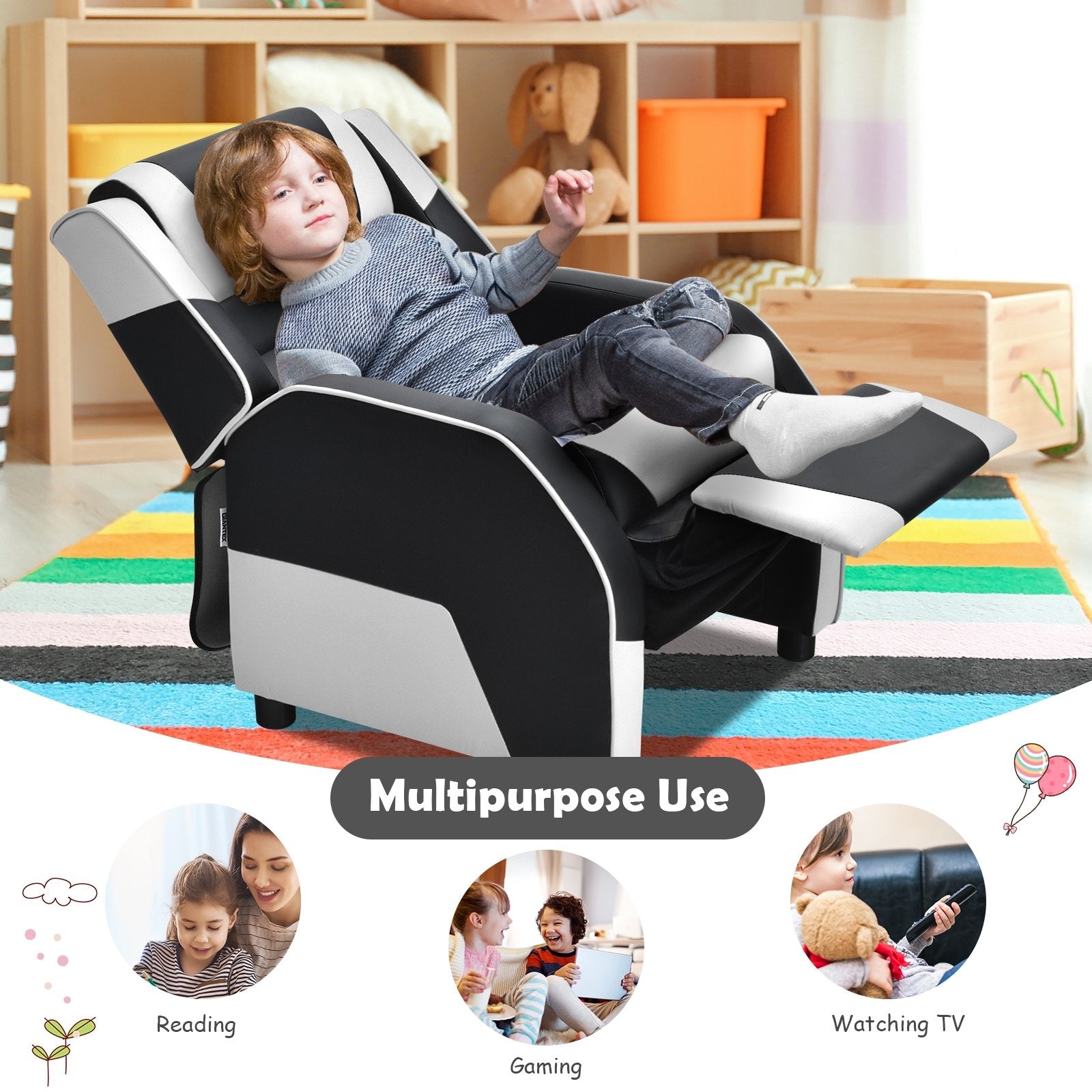 Kids Youth PU Leather Gaming Sofa Recliner with Headrest and Footrest, White Kids Chairs & Seating   at Gallery Canada