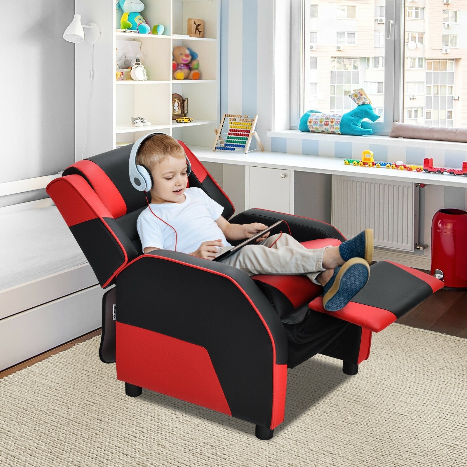 Kids Youth PU Leather Gaming Sofa Recliner with Headrest and Footrest, Red Kids Chairs & Seating   at Gallery Canada