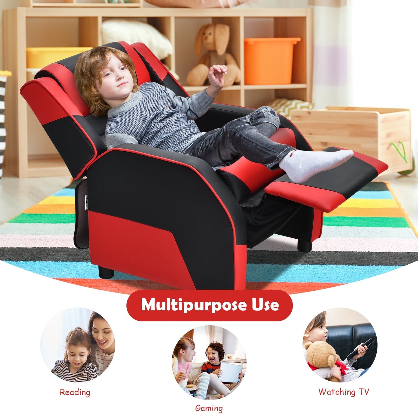 Kids Youth PU Leather Gaming Sofa Recliner with Headrest and Footrest, Red Kids Chairs & Seating   at Gallery Canada