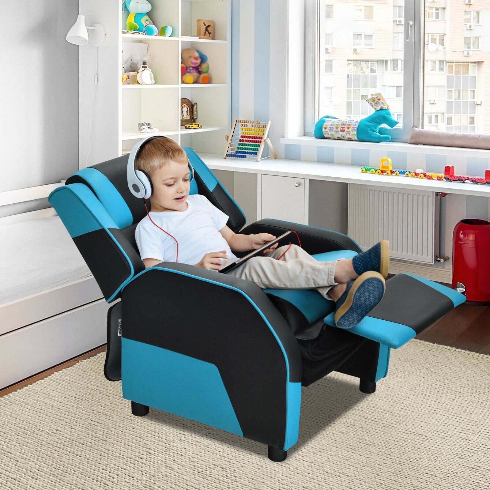 Kids Youth PU Leather Gaming Sofa Recliner with Headrest and Footrest, Blue Kids Chairs & Seating   at Gallery Canada