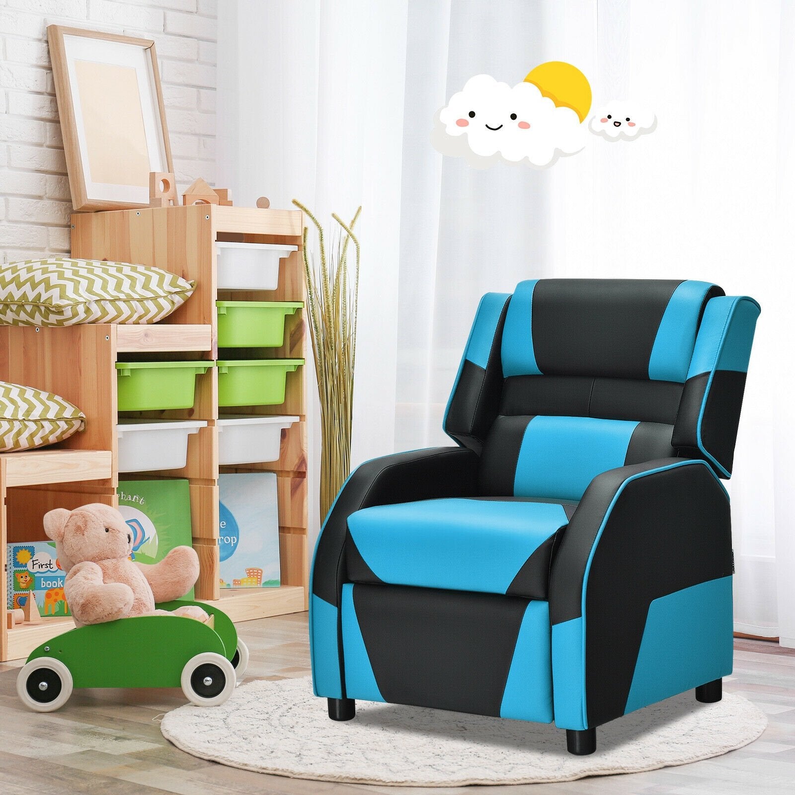 Kids Youth PU Leather Gaming Sofa Recliner with Headrest and Footrest, Blue Kids Chairs & Seating   at Gallery Canada