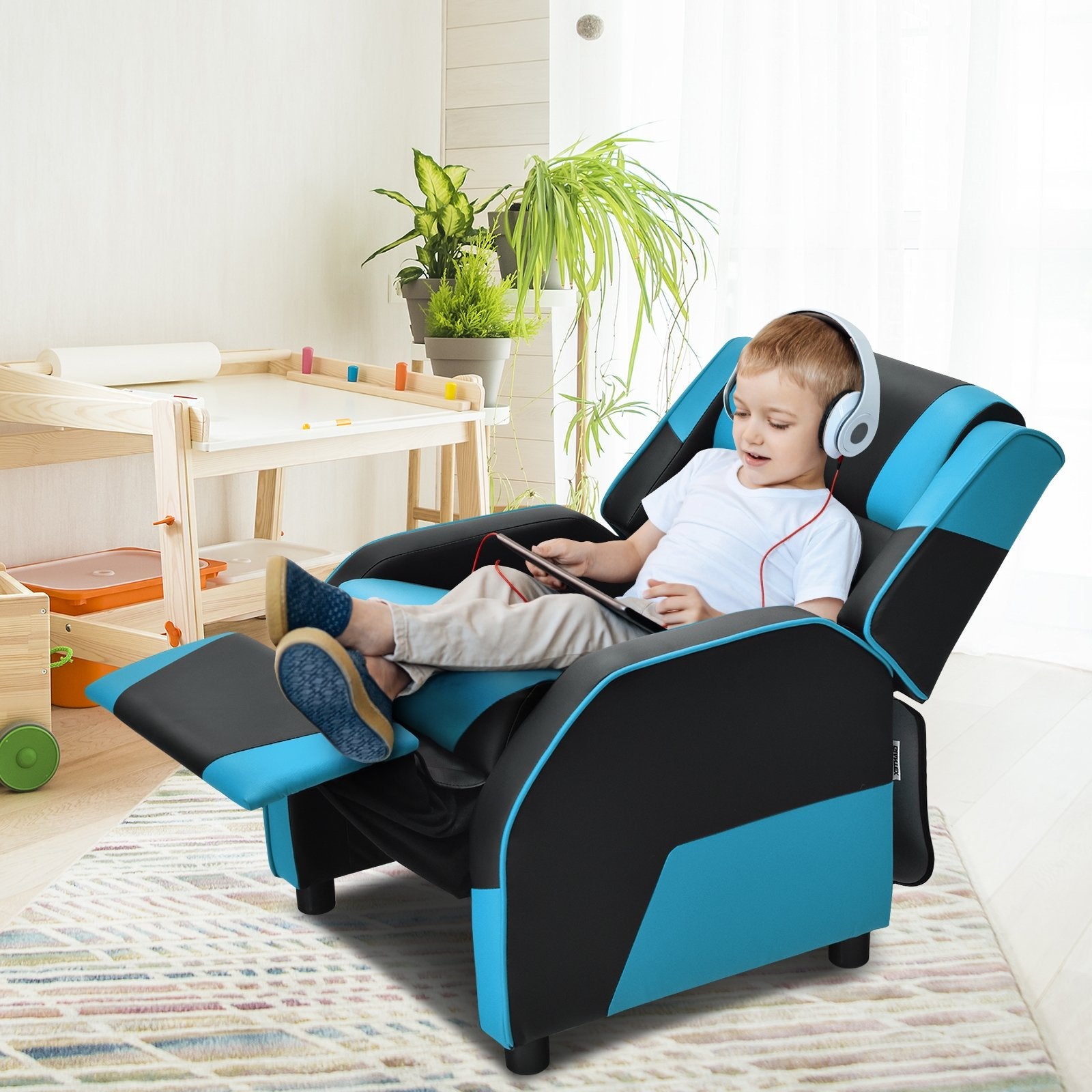 Kids Youth PU Leather Gaming Sofa Recliner with Headrest and Footrest, Blue Kids Chairs & Seating   at Gallery Canada