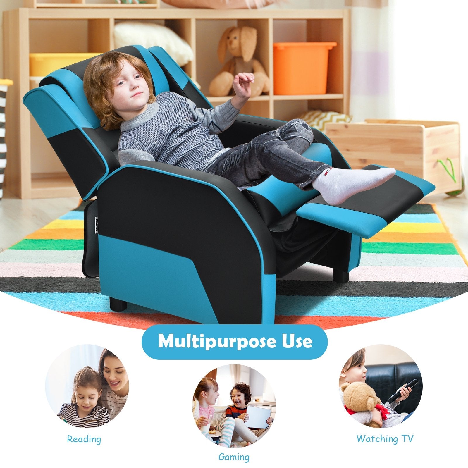 Kids Youth PU Leather Gaming Sofa Recliner with Headrest and Footrest, Blue Kids Chairs & Seating   at Gallery Canada