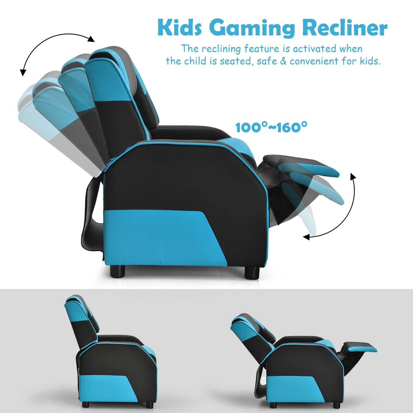 Kids Youth PU Leather Gaming Sofa Recliner with Headrest and Footrest, Blue Kids Chairs & Seating   at Gallery Canada