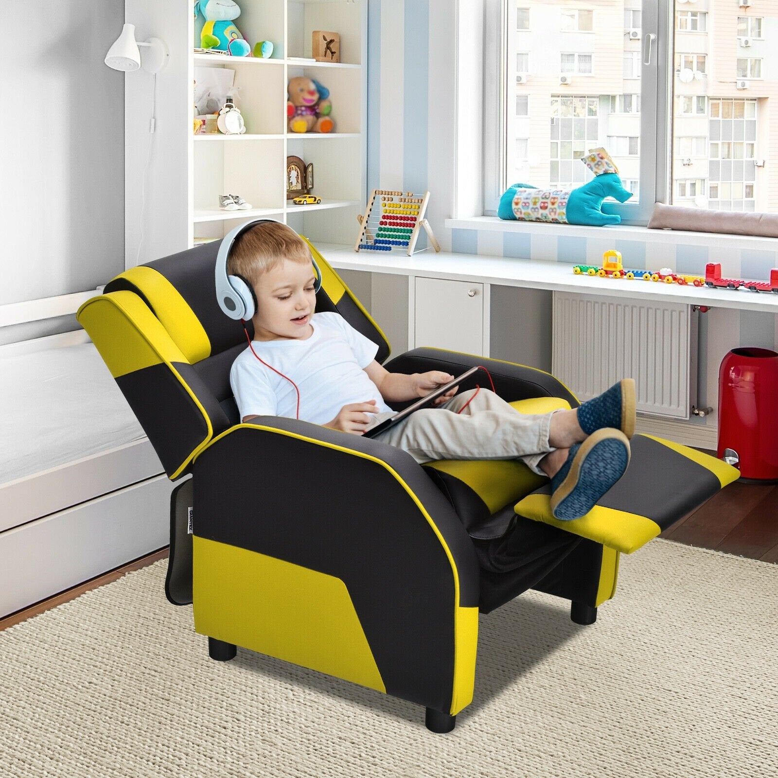 Kids Youth PU Leather Gaming Sofa Recliner with Headrest and Footrest, Yellow Kids Chairs & Seating   at Gallery Canada