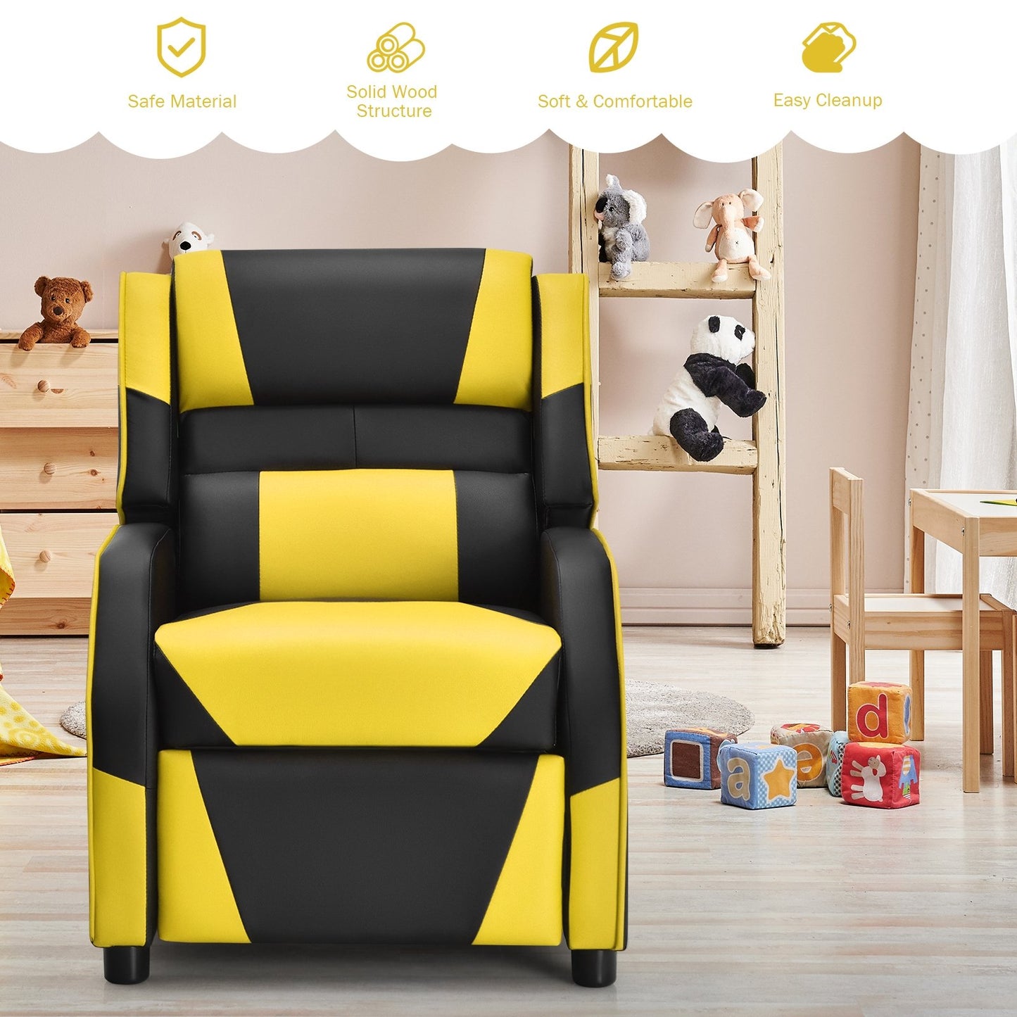 Kids Youth PU Leather Gaming Sofa Recliner with Headrest and Footrest, Yellow Kids Chairs & Seating   at Gallery Canada