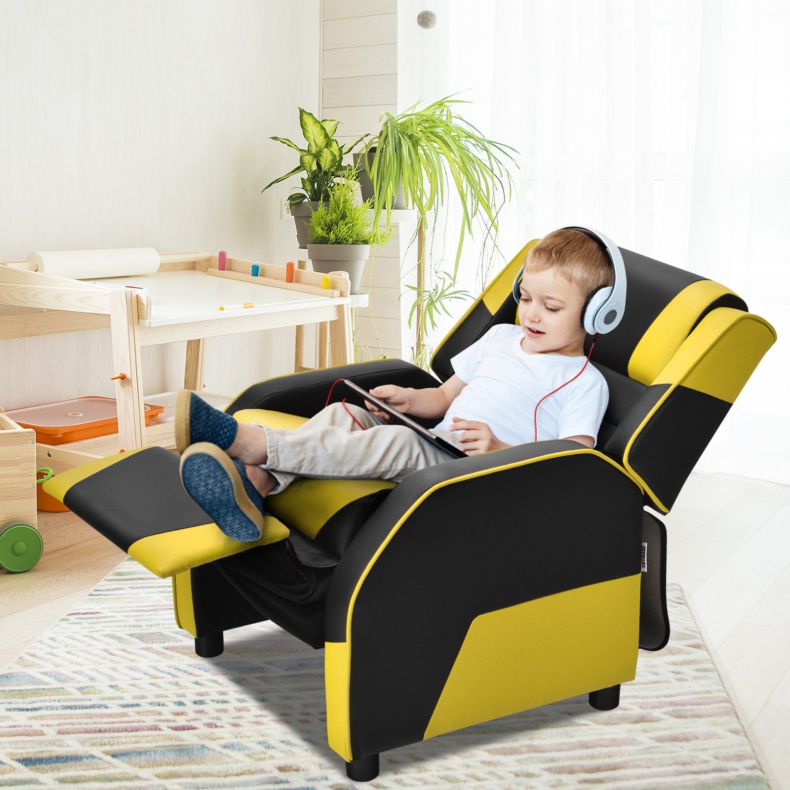 Kids Youth PU Leather Gaming Sofa Recliner with Headrest and Footrest, Yellow Kids Chairs & Seating   at Gallery Canada