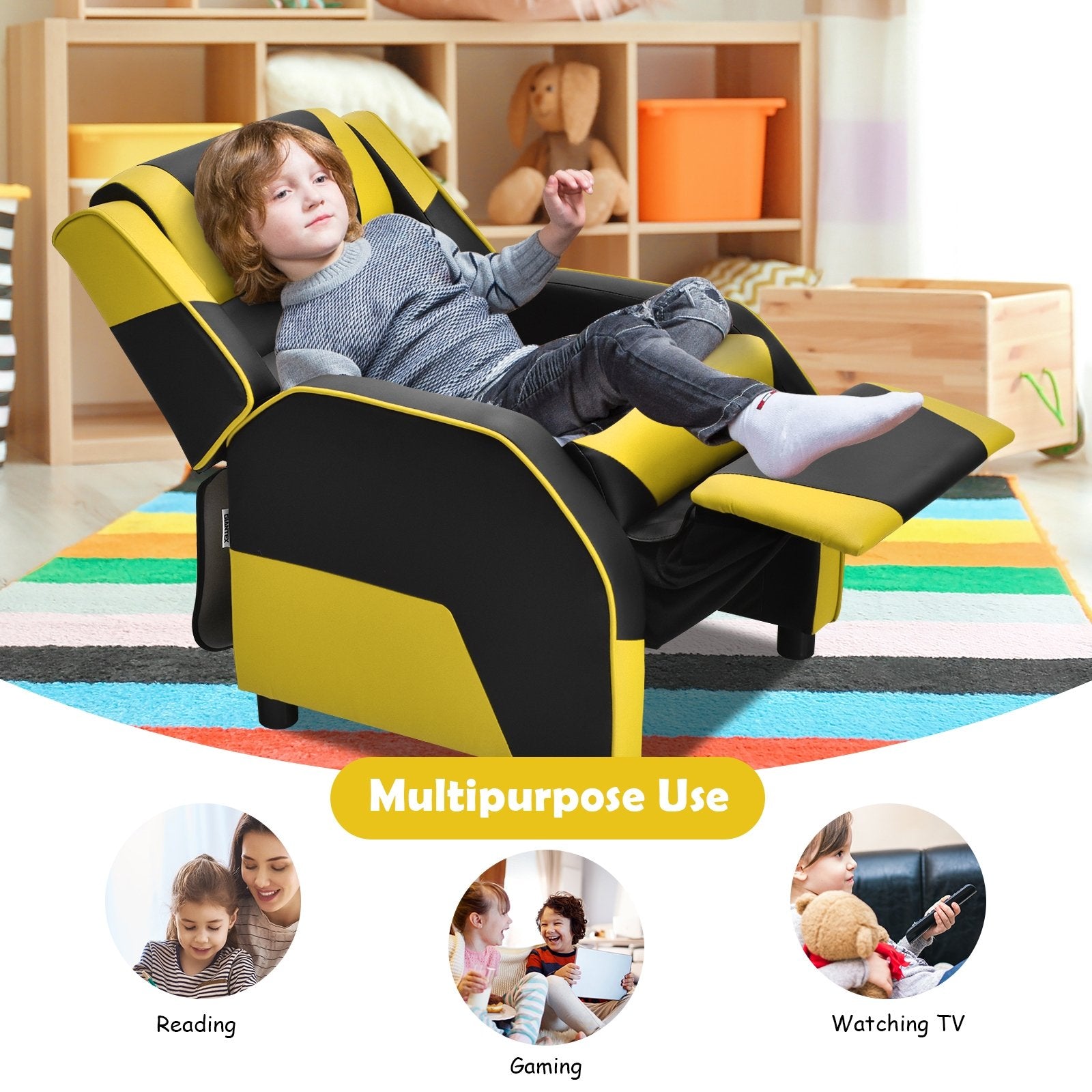 Kids Youth PU Leather Gaming Sofa Recliner with Headrest and Footrest, Yellow Kids Chairs & Seating   at Gallery Canada